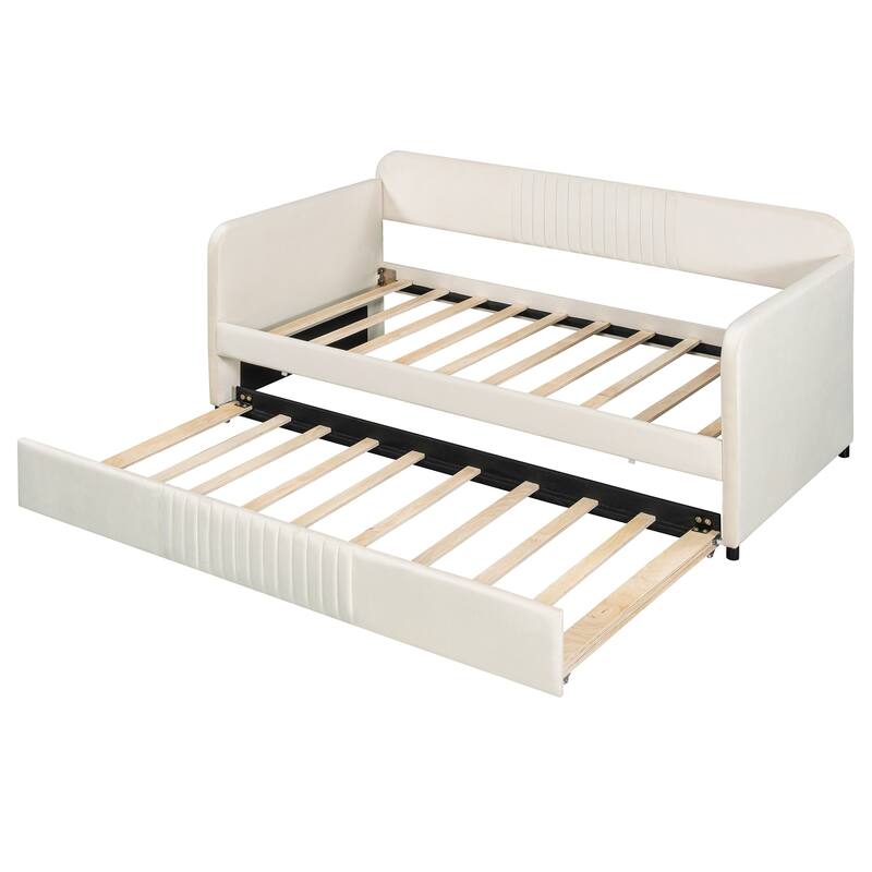 Elegant Velvet Upholstered Twin Daybed Sofa with Trundle and Wooden Slats