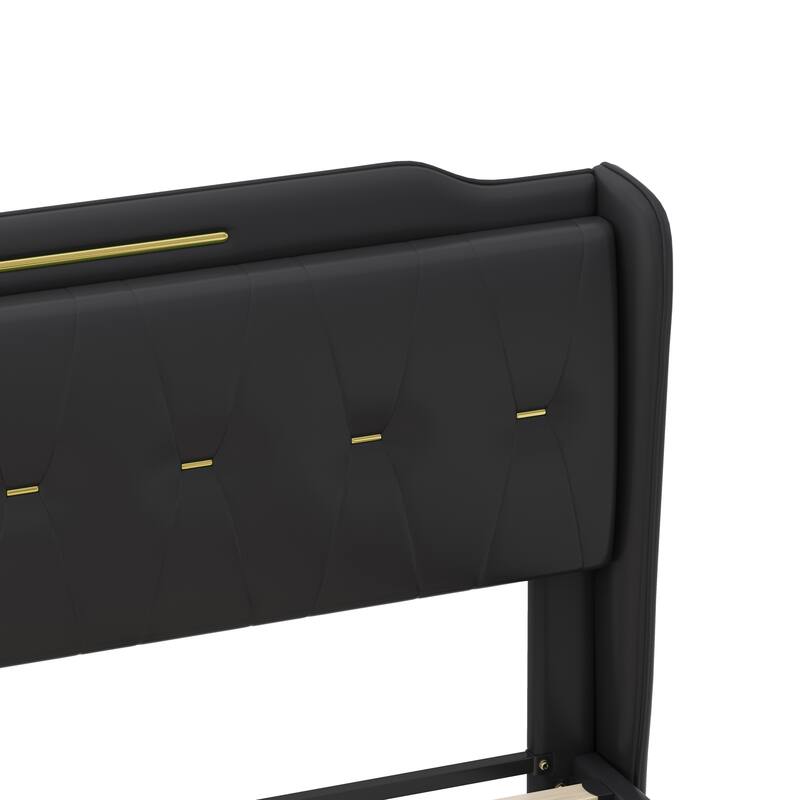 Queen Size PU Leather Platform Bed with Wingback Headboard, Footboard, and Gold Metal Accents
