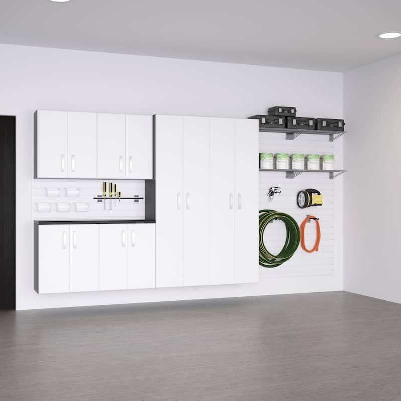 Flow Wall 7 Piece PVC Indoor Cabinet and Shelf Set - White Slatwall / White Cabinets