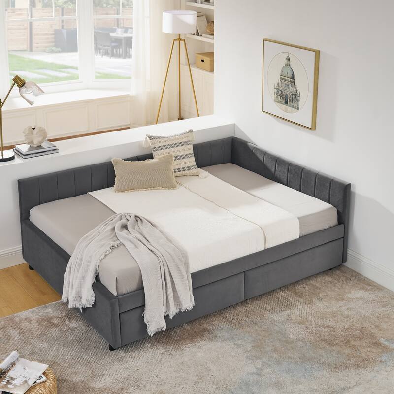 Full Size Upholstered Tufted Daybed with Storage Drawers, Velvet Grey, Comfortable Backrest and Armrests