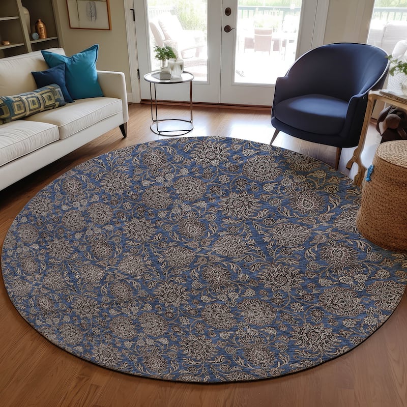 Machine Washable Indoor/ Outdoor Chantille Traditional Floral Rug - Navy - 8' x 8'