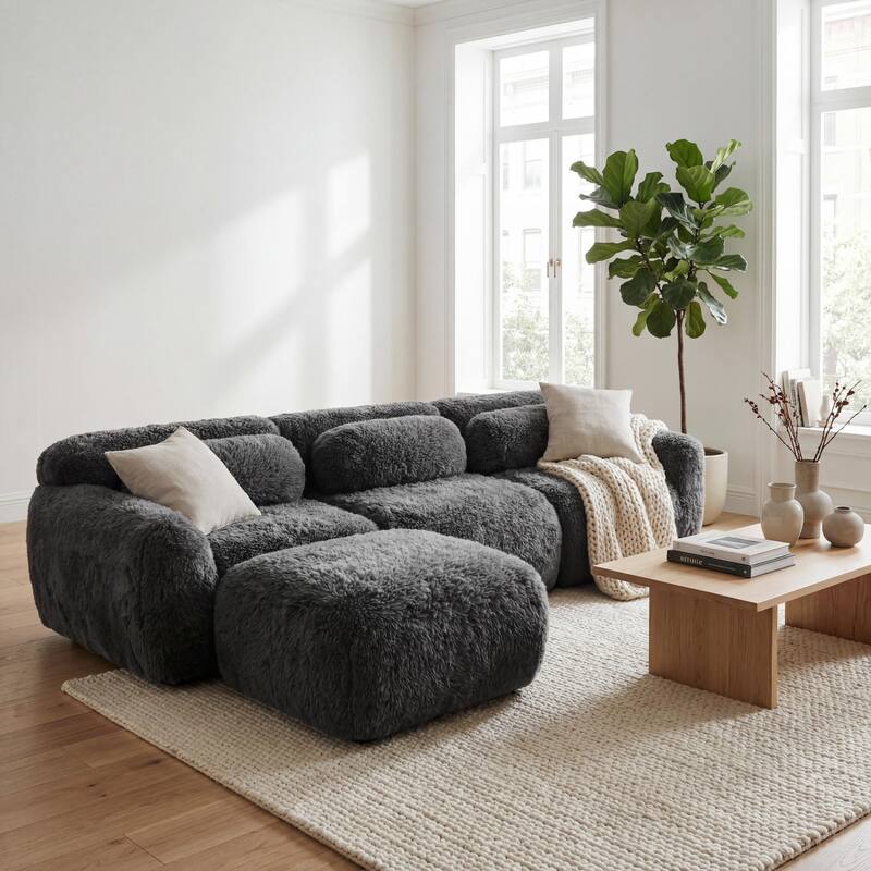 Homy Casa Modular Sectional Sofa, Dark Grey Plush Fabric with Non-Slip Base, No Assembly Living Room Couch with Pillows