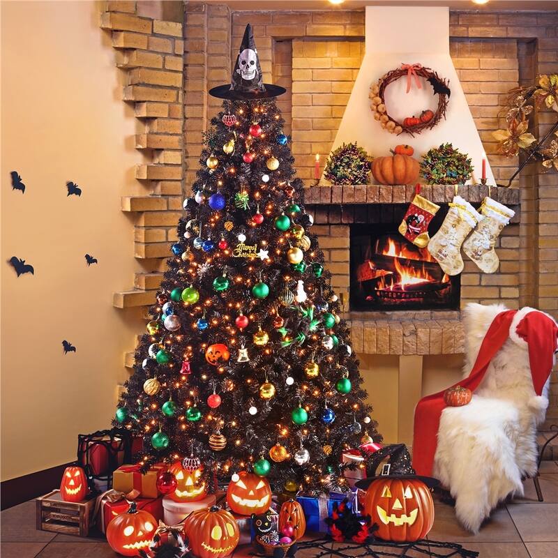 Yaheetech Prelit Halloween Black Spruce Hinged Christmas Pine Tree - 7.5 Foot