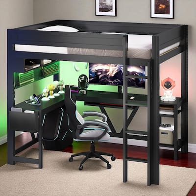 Full Size Wood Gaming Loft Bed with Desk, LED Shelves, Charging Station, Storage Shelf and Guardrails