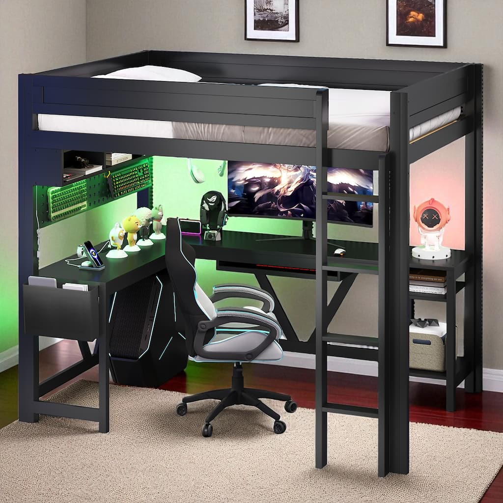 Full Size Wood Gaming Loft Bed with Desk, LED Shelves, Charging Station, Storage Shelf and Guardrails