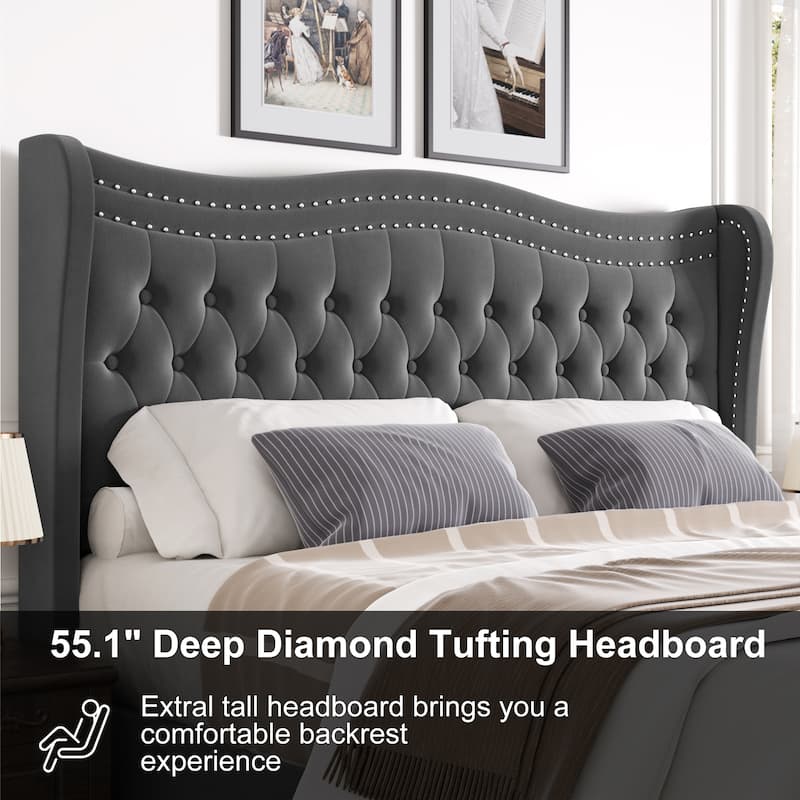 Full Size Tufted Wingback Bed Grey Velvet Upholstered Platform Bed with Solid Wood Slat Support Frame and Nailhead Trim