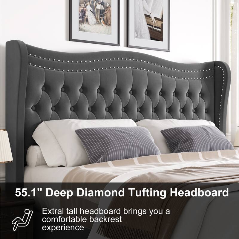 Wingback Platform Bed King Size Velvet Upholstered Bed with Nailhead Trim and Tufted Headboard Footboard, Wood Slats Support