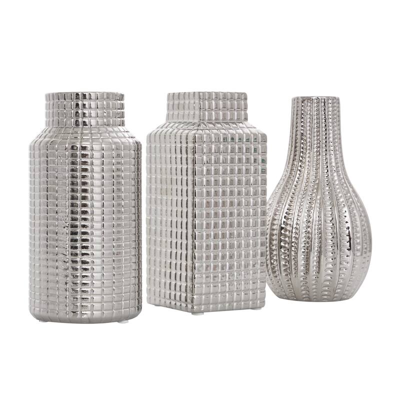 Ceramic Geometric Dimensional Textured Decorative Vase with Varying Shapes - Set of 3 Gold, Silver, Cream - Roche River Decor