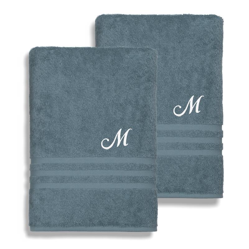 Authentic Hotel and Spa Omni Turkish Cotton Terry Set of 2 Medium Blue Bath Towels with White Script Monogrammed Initial - M