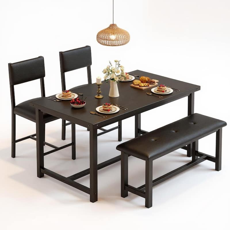 3 pcs Dining Table Set , with 2 Upholstered Chairs and Bench - Black