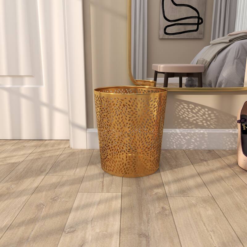 CosmoLiving by Cosmopolitan Gold Metal Small Waste Bin with Laser Carved Floral Design - 9 x 9 x 10