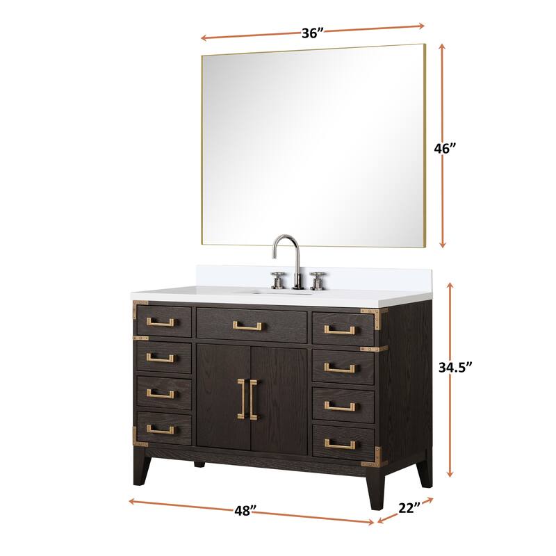 Laurel 48 in W x 22 in D Black Oak Single Bath Vanity, White Quartz Top, Faucet Set, and 46 in Mirror