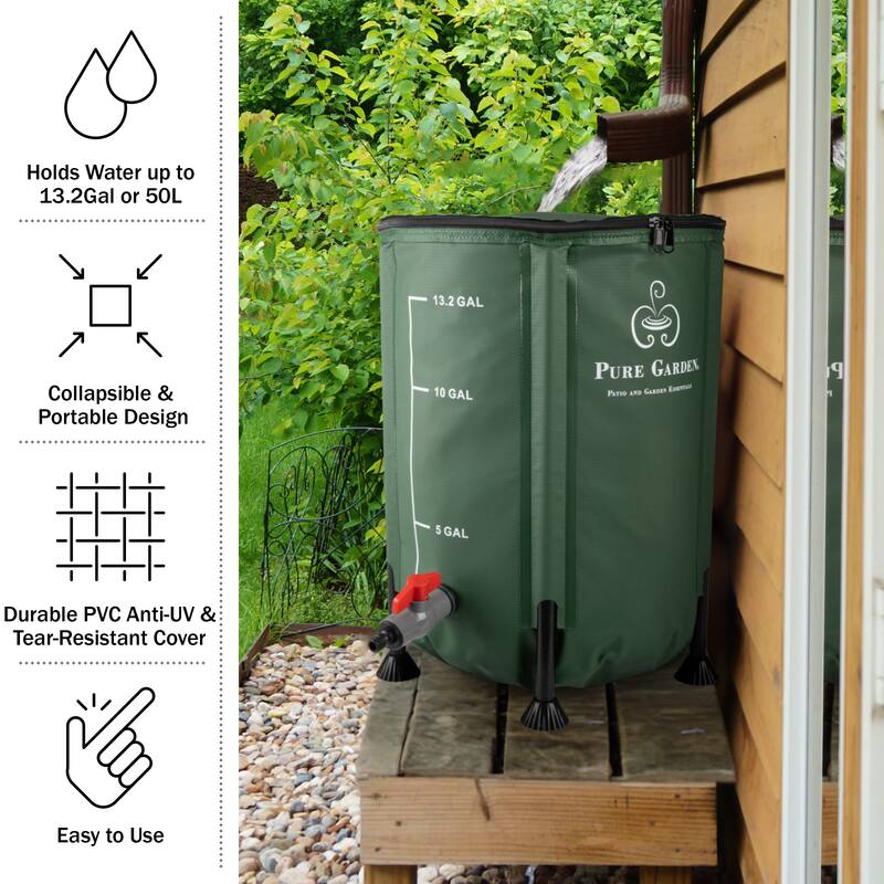 Rain Barrel - Collapsible Water Container for Catching Rainwater - Portable Water Tank with Outflow Valve by Pure Garden (Green)
