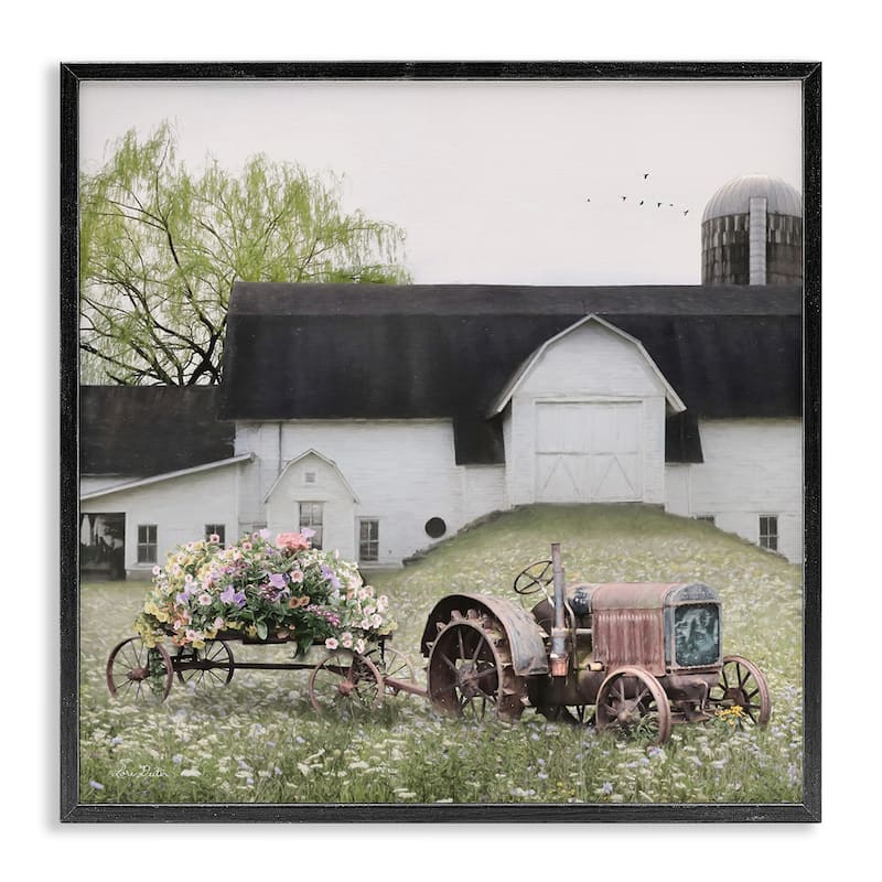 Stupell Floral Bouquet Tractor Flower Field Barn Farmhouse Framed Wall Art - Green - 17 x 17 - Black