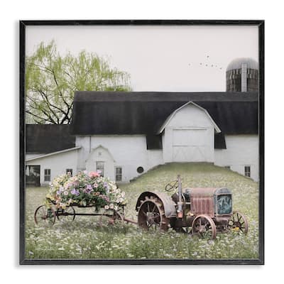 Stupell Floral Bouquet Tractor Flower Field Barn Farmhouse Framed Wall Art - Green
