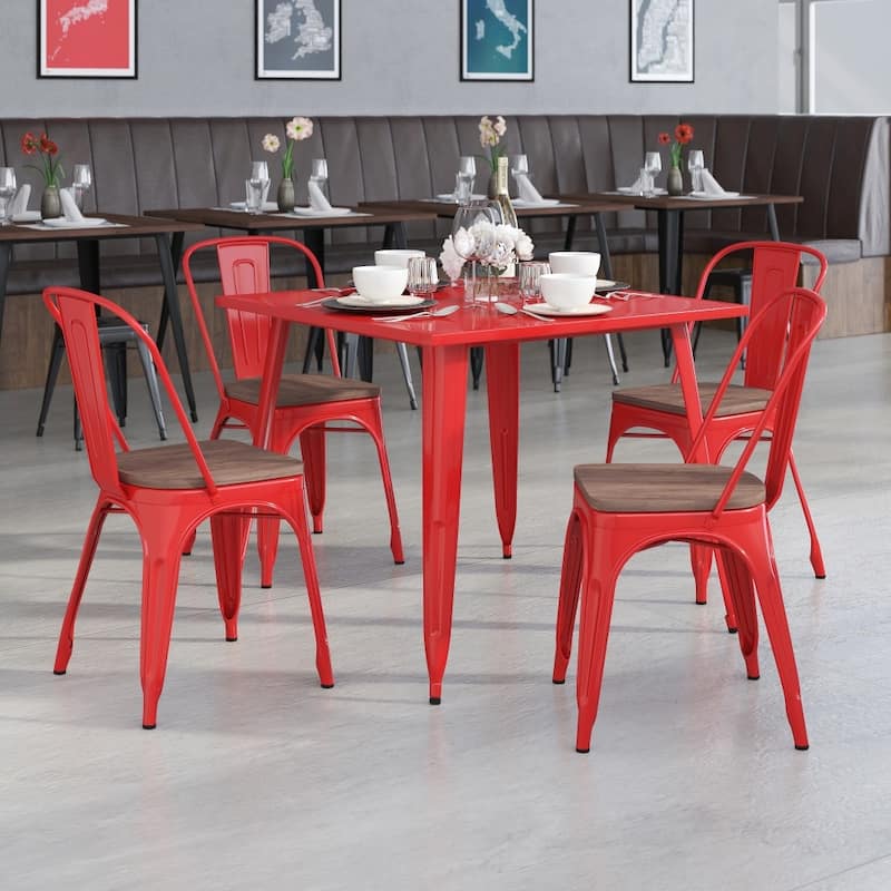 Wood Seat/ Galvanized Steel Stackable Chair (Set of 4) - 18"W x 20"D x 33"H - Red