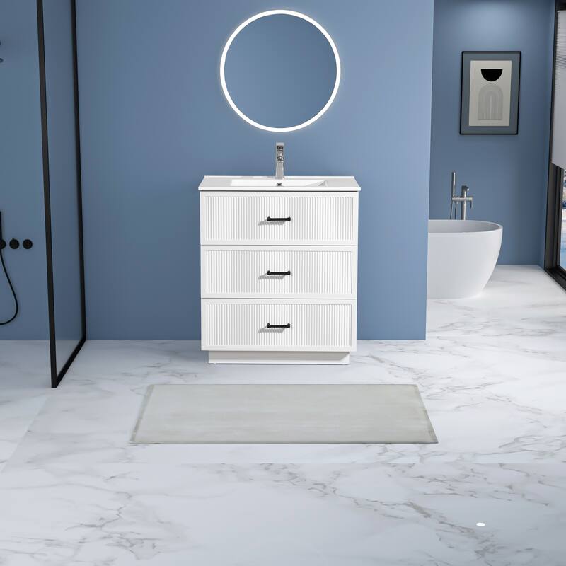 30" Freestanding Bathroom Vanity with Ceramic Sink and 2 Storage Drawers, Stylish Gray Floor Cabinet