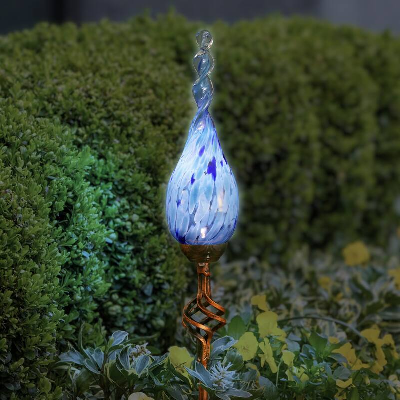 Exhart Solar Pearlized Hand Blown Glass Twisted Flame Garden Stake with Metal Finial Detail, 36 Inch - Blue
