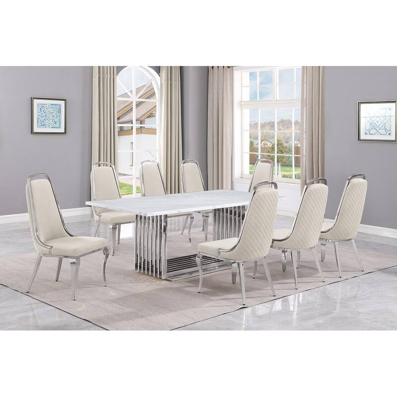Best Quality Furniture D312/3-SC310-7 Dining Set with 79" White Marble Top - 9-Piece - Cream / Silver