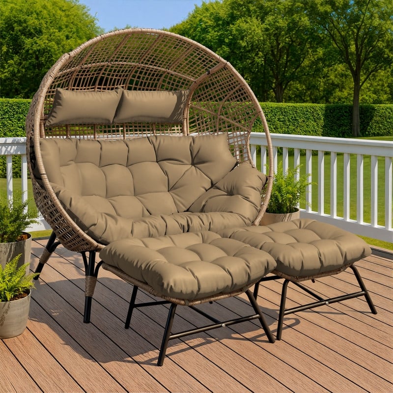 2-Person Outdoor Wicker Egg Chair Loveseat with 2 Ottomans, 57.1" Wide, 6.5" Cushion