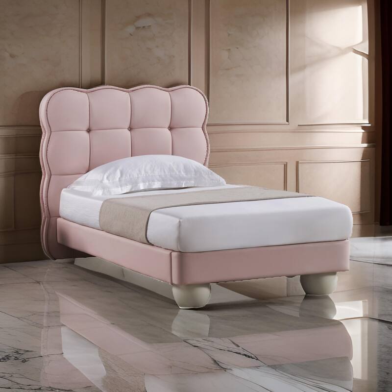 Jeny Twin Size Bed, Pink Leather Upholstered Tufted Headboard, Wood