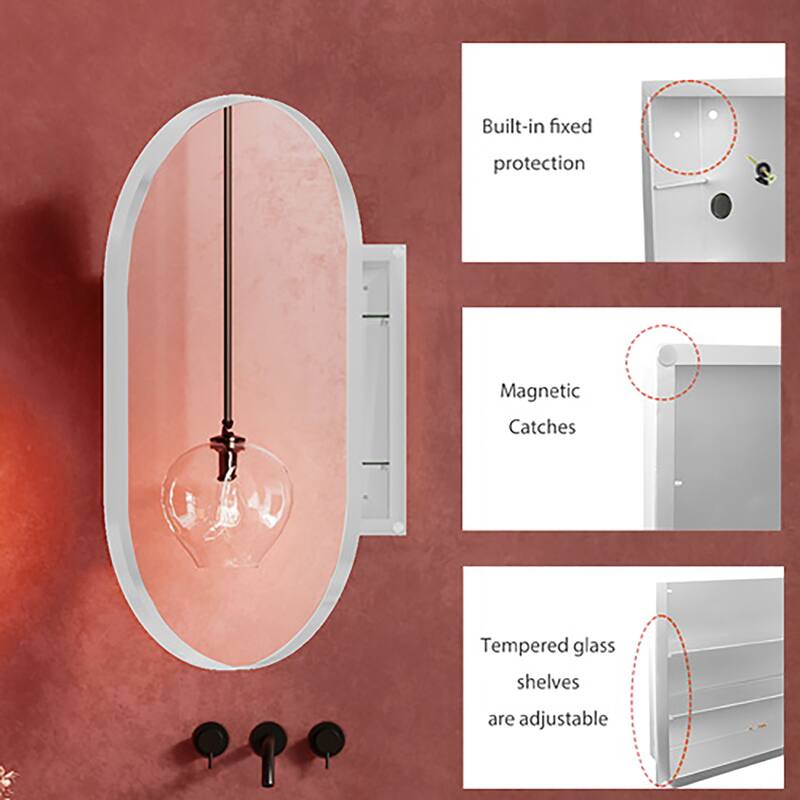 Oval Recessed Medicine Cabinet,Metal Framed Bathroom Wall Cabinet with Mirror and Adjustable Shelves,Wall Mirror with Storage
