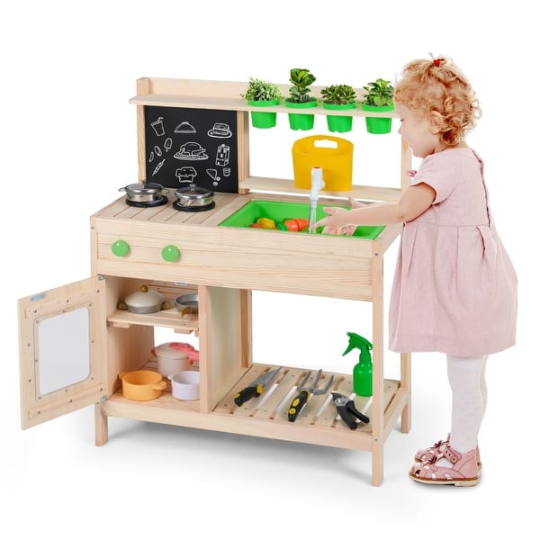slide 2 of 10, Gymax Kids Mud Kitchen Play Pretend Kitchen w/ Chalkboard Stoves Natural