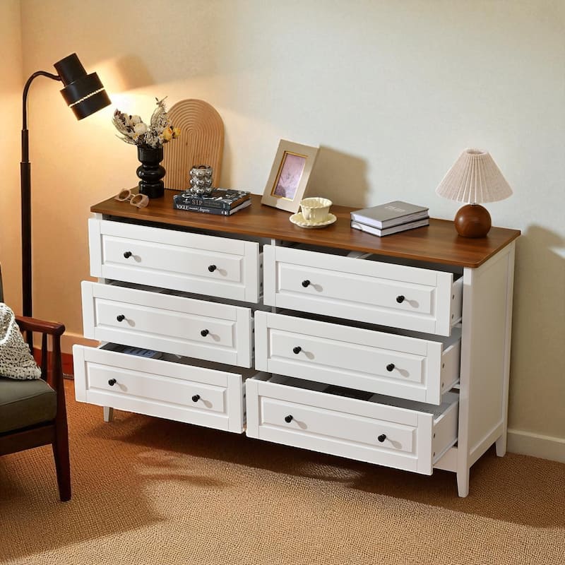 White 6 Drawer Dresser, Wide Storage Chest with Metal Handles, Modern Wood Double Dresser for Bedroom or Entryway