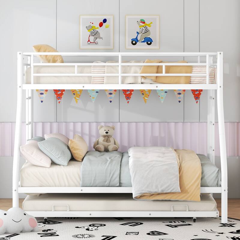 Bed with Sturdy Steel Frame, Bunk Bed with Trundle, Two-Side Ladders