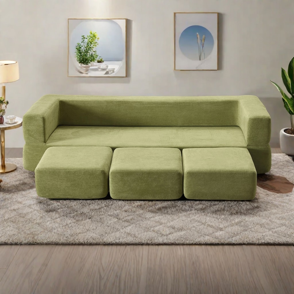79.14" Chenille 3-Seater Sofa with High-Density Foam, Zippered Removable Cover and Foldable Play Mat