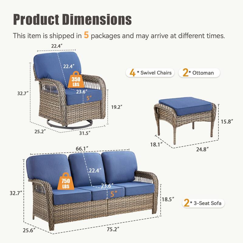 Pocassy Patio Outdoor Sofa Ottoman with Swivel Chair Table Funiture Set.