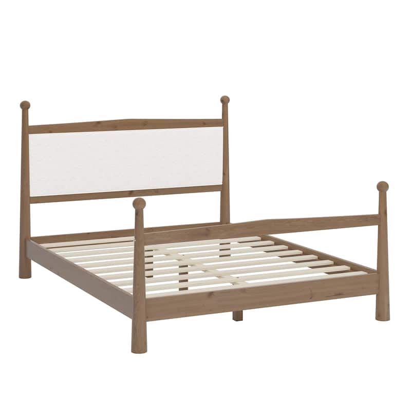 Platform Bed with Upholstered Boucle Headboard Panel Bed No Box Spring Needed Wood Slat Bed Low Profile Bed - Minimalist Design