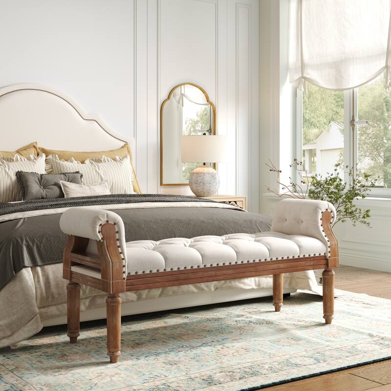 Christopher Knight Home - Mid-Century Solid Rubberwood Upholstered Bench with Rolled Arms, Button-Tufted Cushion & Nailhead Trim - Beige + Weathered Teak finish