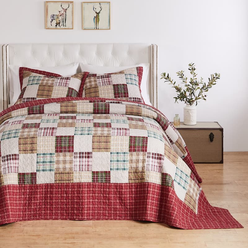 Greenland Home Oxford Quilted Bedspread Set, Traditional Plaid, Cotton - Red - Oversized King