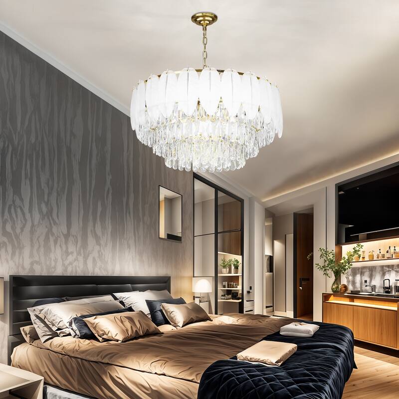 Modern Luxury Crystal Chandeliers, Adjustable Round Feather Crystal Pendant Light for Living Room, Bulbs Included