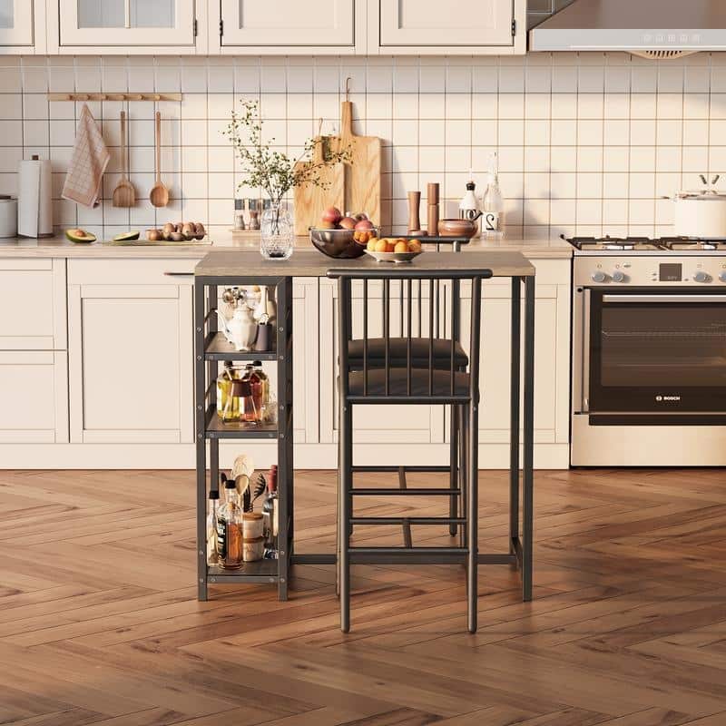 3 Pieces Bar Table Set and Chairs Set for 2 with 3 Storage Shelves
