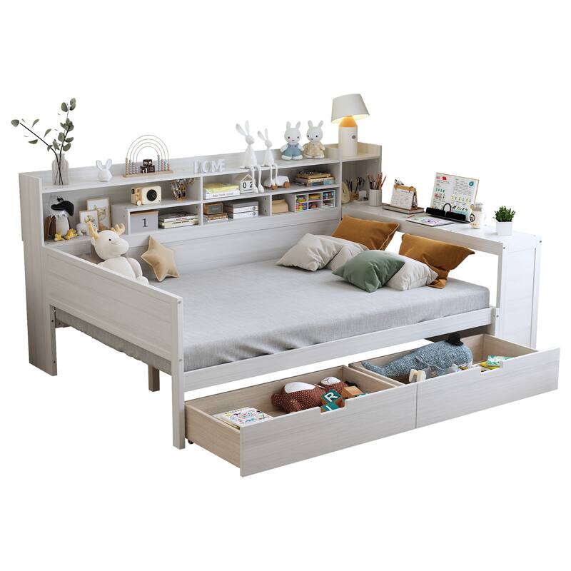 Wood Twin/Full Size Daybed with Storage Shelves, Two Storage Drawers and Study Desk