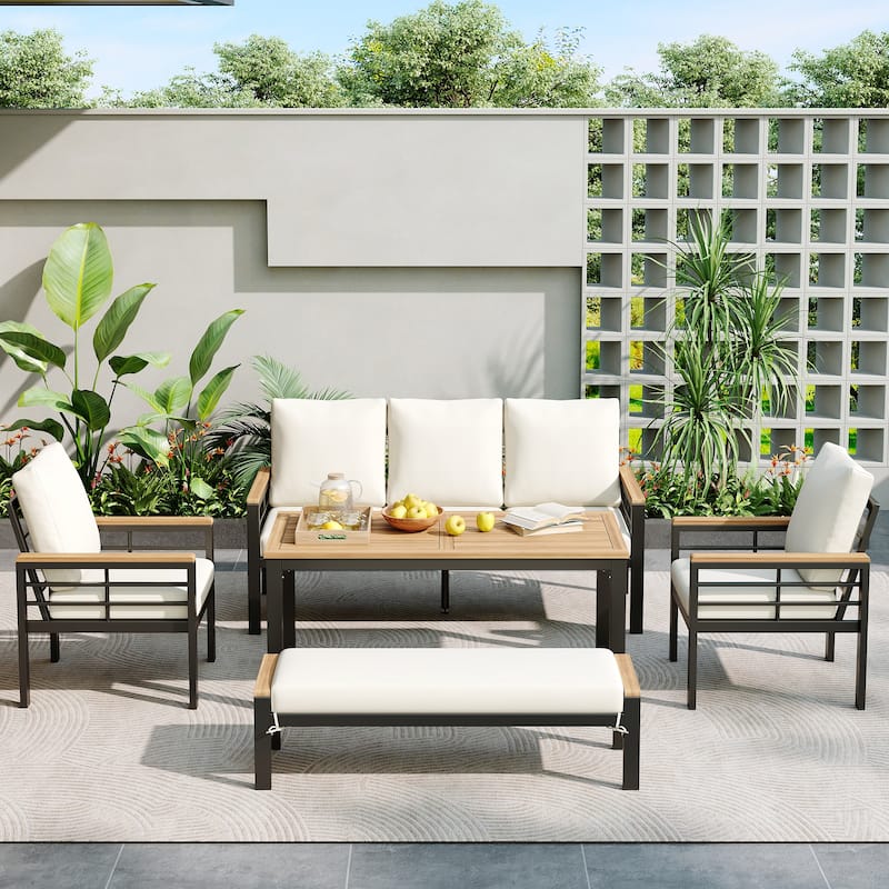 5 Pieces Outdoor Patio Furniture Set with 3-Seat Sofa & Cushions for Backyard, Poolside, Garden
