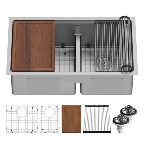 slide 2 of 11, Karran 32" Undermount Double Bowl 60/40 Stainless Steel Workstation Sink