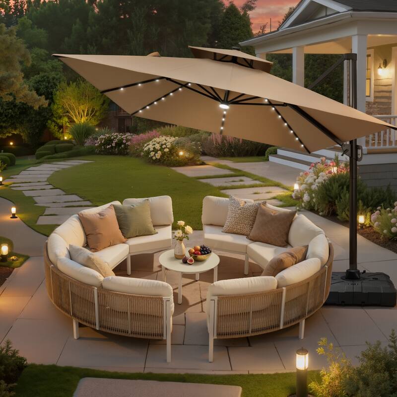 Outdoor Patio Furniture All-Weather Aluminum PE Rattan Wicker Half Round Curved Sofa Sectional Set - 8-Seats+1-Table - Beige