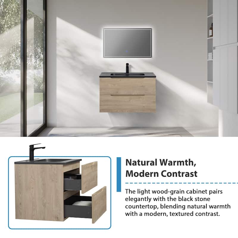 RupheonD 24"-48" Floating Bath Vanity in Evita Oak with Black Quartz Top