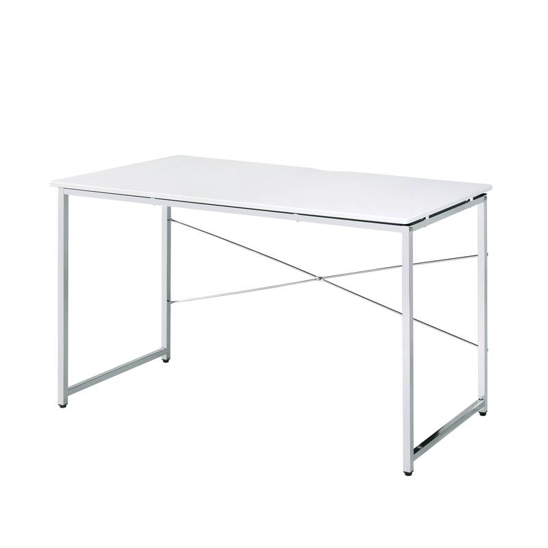 Contemporary Writing Desk with X-Shape Cross Bar, Sleek Design, and 4-Tier Shelf for Organized Workspaces - White+Silver