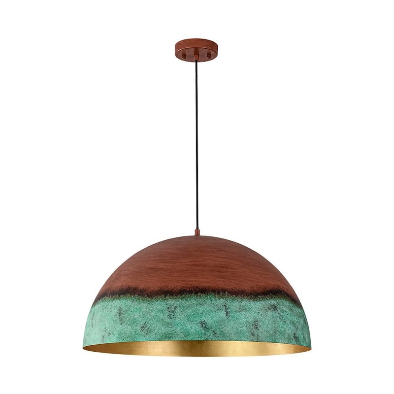 Weathered Copper Metal Oversized Dome Pendant Green Patina Accent