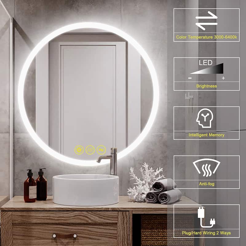 SmartReflect Modern 32" Round LED Dimmable Anti-Fog Frameless Bathroom Vanity Mirror - Clear