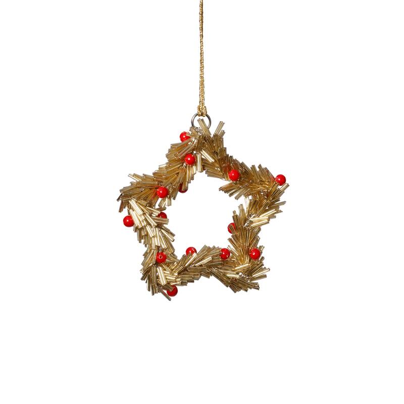 Festive Beaded Christmas Star Hanging Ornaments with Red Berries, Set of 12, 4" - Gold