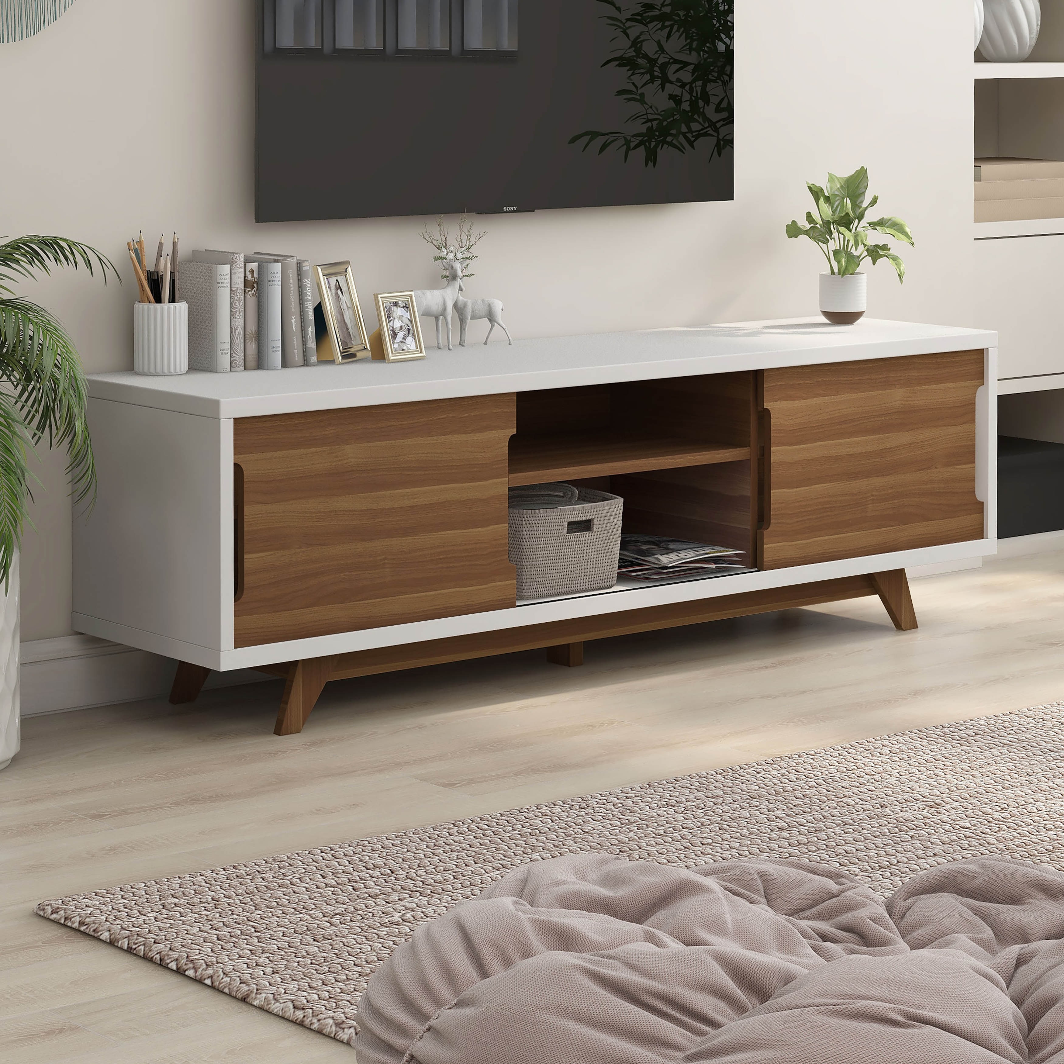 DH BASIC Mid-Century Modern White and Walnut 62-inch Wide 6-Shelf TV Stand