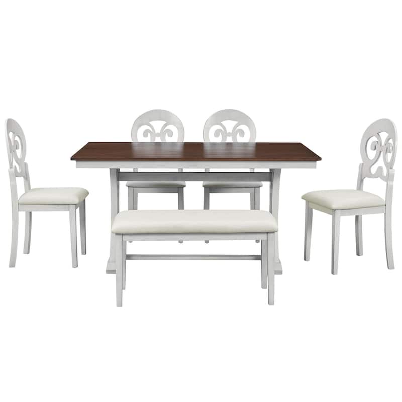 MidCentury 6Piece Trestle Table Set with Victorian Round Upholstered