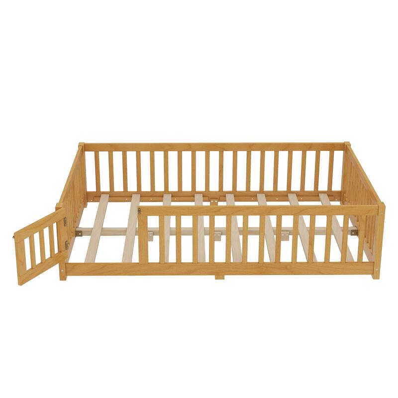 Montessori Toddler Floor Bed with Fence and Switchable Door, Low Profile Bed Frame with Removable Slats, Safe Transition Bed