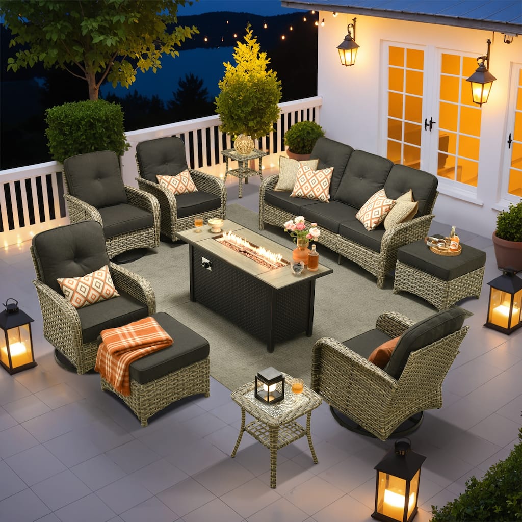OVIOS 10-piece Patio Wicker Conversation Furniture Set with Fire Pit