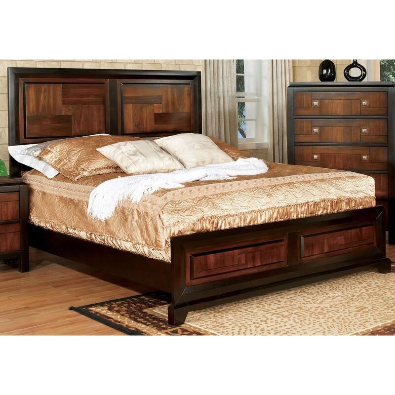 Queen Size Solid Wood Platform Bed with Parquet Headboard and Transitional Design